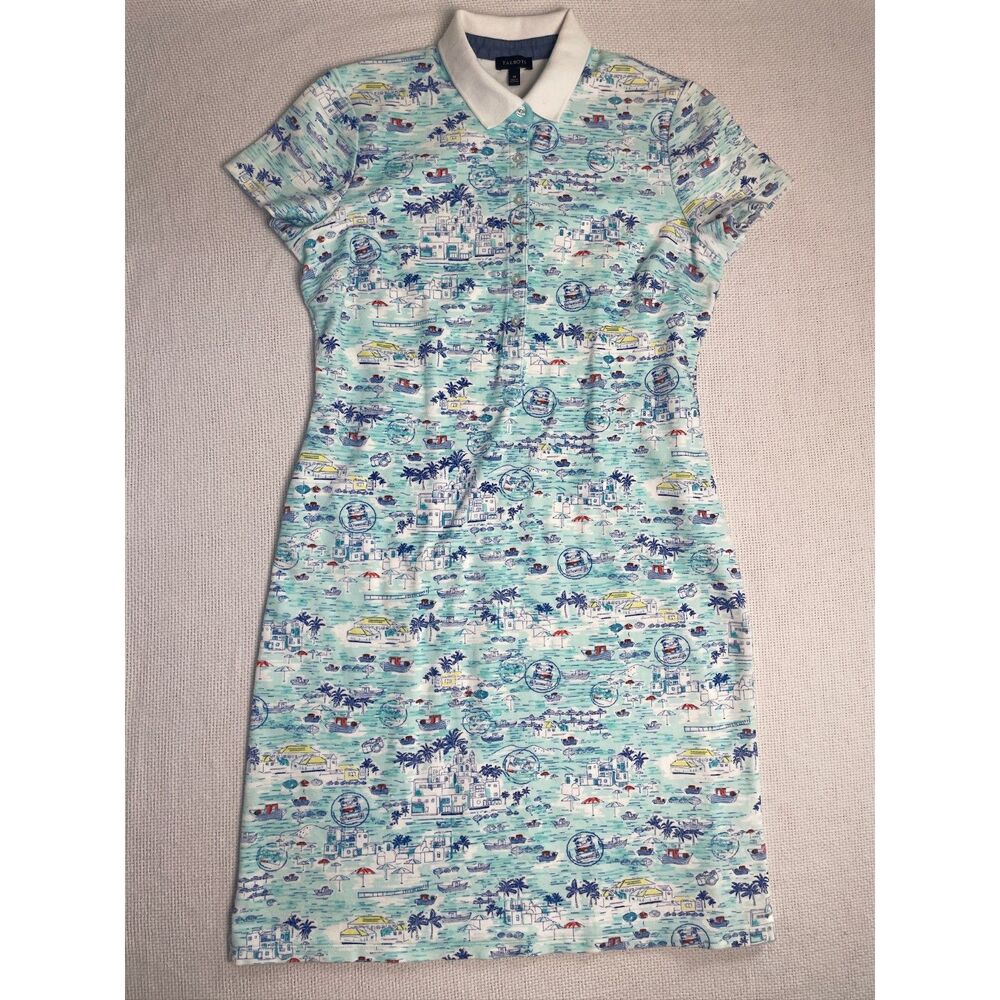 Talbots Coastal Print Polo Dress Medium vacation cruise lake blue